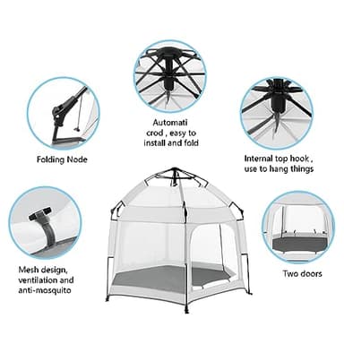 Bend River Baby Playpen with Canopy, Portable Baby Beach Tent, Toddler Play Yard Indoor and Outdoor, Foldable Mosquito Net for Infant - Light Grey - Image 3