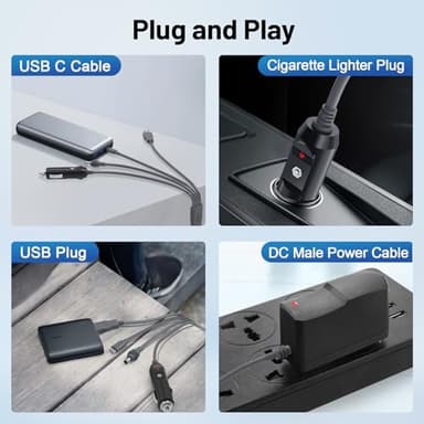 Kzreect 4-in-1 DC Power Cable 10FT/3M for 12V Satellite Internet Device, USB-C, USB-A, Cigarette Lighter, and DC Male Connectors, Waterproof 18AWG Cable for Car, RV, Outdoor Use - Image 2