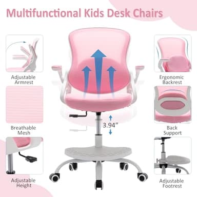 Kids Desk Chair,Ergonomic Study Chair with Adjustable Height,Swivel Mesh Desk Chair with Wheels,Home Office Chair for Children in Home Bedroom Pink - Image 3