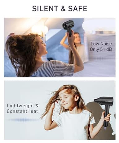 Hair Dryer, 150000 RPM High-Speed Brushless Motor Negative Ionic Blow Dryer for Fast Drying, Low Noise Thermo-Control Hair-Dryer-with-Diffuser and Nozzle - Image 7