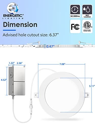 2 Pack 6 Inch Ultra-Thin LED Recessed Ceiling Light with Junction Box, 5000K Daylight, 12W 110W Eqv, Dimmable Canless LED Recessed Light, 1050LM High Brightness Wafer Downlight- ETL&FCC Certified - Image 5