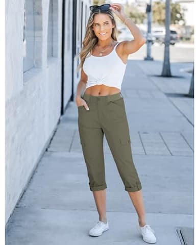 GRAPENT Women's Cropped Capris Summer Cargo Pants - Grey Army Green Medium Size 8-10 - Image 5