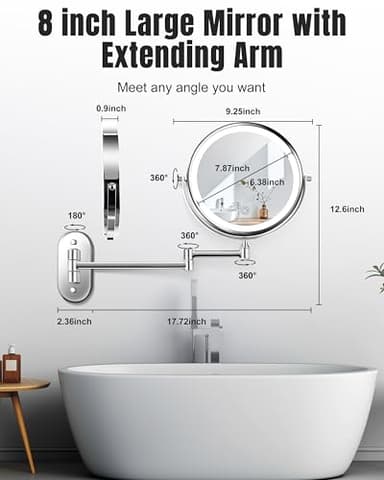 Wall Mounted Makeup Mirror with Light, 20X/1X 8'' Double Sided LED Magnifying Bathroom Lighted Vanity Mirror with Magnification, 3 Color Light up Touch Dimmable Extended Arm 360 Rotation - Image 6