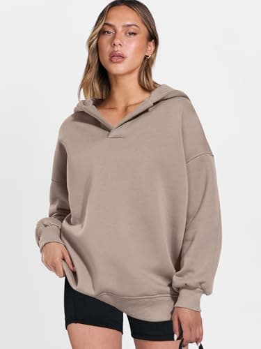 ANRABESS Womens Oversized Hoodies V Neck Sweatshirts Fleece Long Sleeve Pullover Y2K Clothes 2025 Fall Trendy Outfits Coffee Grey XXL - Image 8