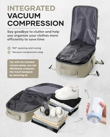 Vacuum Travel Backpack with Pump for Women,Personal Item Carry on Backpacks Flight Approved 18x14x8 inches for Men,Laptop Waterproof Work Compression bags Casual Daypack GreyBrown - Image 4