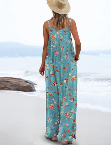 YESNO Women's Summer Boho Casual Jumpsuits Wide Leg Overalls Floral Print Baggy Rompers with Pockets L PZZCR 14 - Image 3