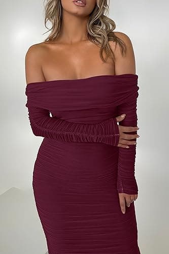 PRETTYGARDEN Women's Fall Off Shoulder Maxi Bodycon Dress Long Sleeve Ruched Fitted Club Dresses with Slit (Wine Red,Medium) - Image 7