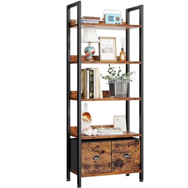 Furologee 5-Tier Bookshelf, Tall Bookcase with 2 Storage Drawers, Adjustable Industrial Display Standing Shelf Units, Wood and Metal Storage Rack for Living Room, Bedroom, Home Office Rustic Brown - Image 1