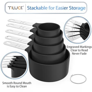 TILUCK Measuring Cups & Spoons Set, Stackable Cups and Spoons, Nesting Measure Cups with Stainless Steel Handle, Kitchen Gadgets for Cooking & Baking (Black) - Image 4