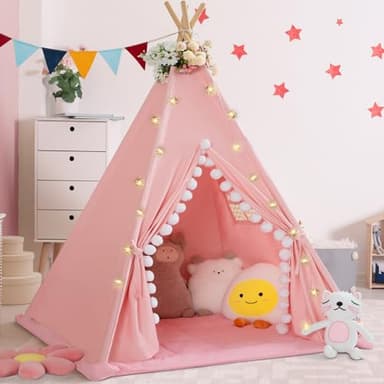 WIRHAO Teepee Tent for Kids with Padded Mat Cotton Canvas Kids Tent with Pompom for Toddlers Indoor Play Tent for Girls Boys with Stars Lights, Carry Bag, Banner Flag (Pink) - Image 7