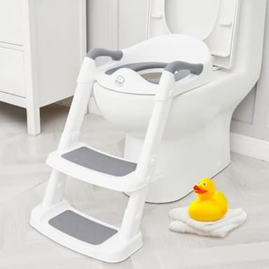 Forbena Potty Training Toilet Seat with Step Stool Ladder, Toddler Kids Potty Seat for Boys Girls, Non Slip Foldable Toilet Training Seat with Soft Cushion, Comfortable Handles (White-Grey) - Image 1