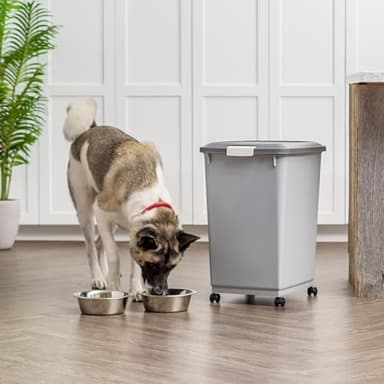 IRIS USA Dog Food Storage Container with Wheels, Airtight Lid, 2-Cup Scoop, Up to 54 Pounds Pet Food Storage, Built in Scoop Storage in Lid, Versatile Pet Food Bin, Portable, BPA Free, Gray/Dark Gray - Image 9