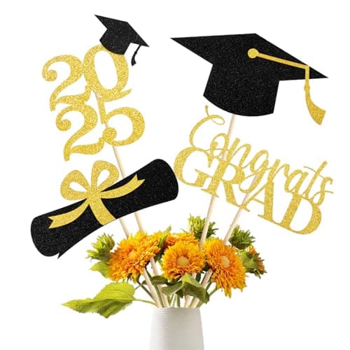 Graduation Decoration 2025, 16 PCS Gold and Black Double Sided Sparkling Graduation Centerpieces Sticks for Table, Class of 2025 Graduation Party Decorations, Table Toppers Set of 4 - Image 1