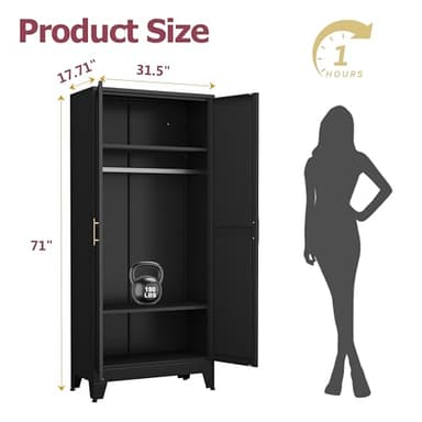 GAIOUS Metal Wardrobe Cabinet with Hanging Rod, 71" Metal Clothing Storage Cabinets with 2 Doors and Adjustable Shelves, Black Armoire Wardrobe Closet for Bedroom, Laundry Room, Cloak Room - Image 2