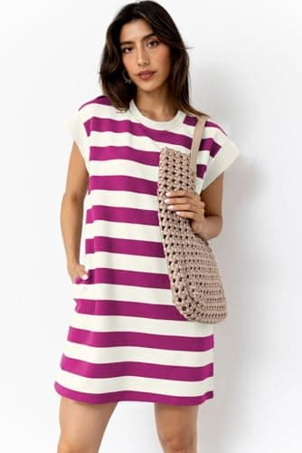 AlvaQ Women Dresses Fashion Trendy 2025 Summer Casual Short Sleeve Striped Mini Tshirt Dress with Pocket Rose Stripe Large - Image 5