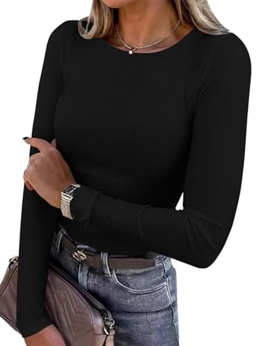 PRETTYGARDEN Women 2025 Fall Clothes Long Sleeve Shirts Ribbed Knit Fitted Basic Tee Going Out Tops Underscrub Casual Outfits (Black,Small) - Image 1
