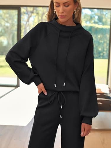 AUTOMET Lounge Sets for Women Sweatsuits 2 Piece Outfits 2025 Fall Drawstring Sweatshirt Wide Leg Sweatpants Tracksuit Black M - Image 6