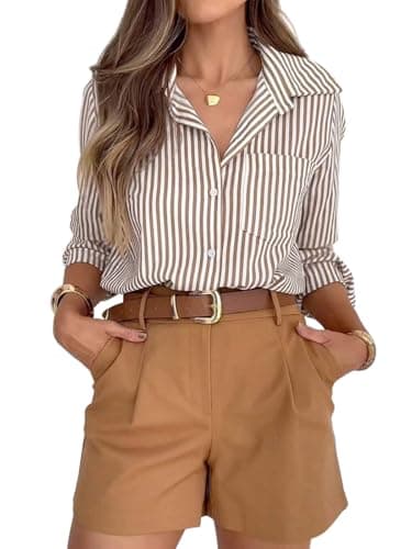 siliteelon Striped Button Down Shirts for Women Dress Shirts Long Sleeve Casual Collared Office Work Shirt with Pocket Brown and White - Image 1
