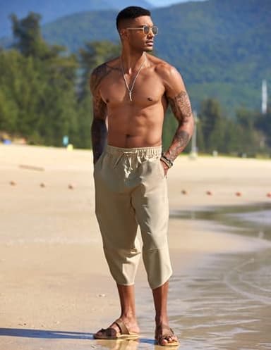 COOFANDY Men's Cotton Linen Pants Casual Harem Pants Elastic Waist Casual Beach Boho Yoga Trousers with Pockets Light Brown - Image 2