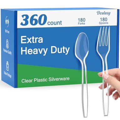 Dealusy 360 Count Extra Heavy Duty Clear Plastic Forks and Spoons, 180 Forks & 180 Spoons, Heat Resistant, Disposable Plastic Silverware Set - Image 1