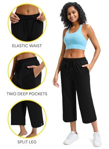 Maxbee Capri Pants for Women Drawstring Wide Leg Yoga Pants Elastic Waist Lounge Pants Loose Sweatpants Black - Image 4
