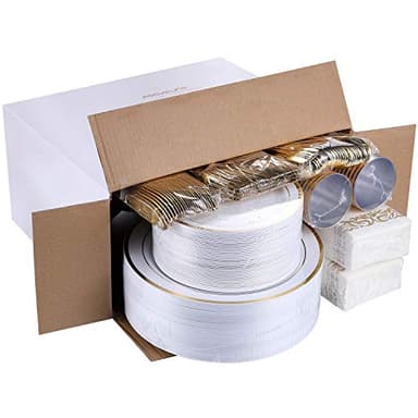 FOCUSLINE 350 Ct Disposable Dinnerware Set for 50 Guests -Heavy Duty Plastic Plates with Gold Rim, Includes 50 Dinner & Salad Plates, Cups, Napkins, Cutlery Set - Image 6