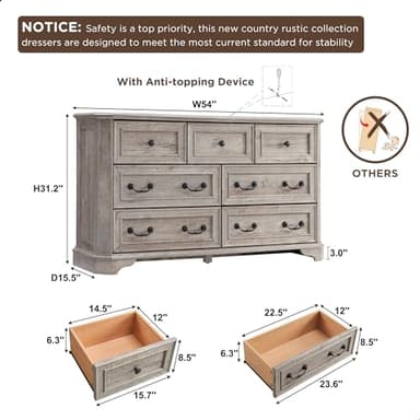 T4TREAM Farmhouse 7 Drawers Dresser for Bedroom, 54" Wide Wood Rustic Chest of Drawers with Natural Texture, Vintage Design, Storage Dressers Organizer for Bedroom, Living Room Light Rustic Oak - Image 2
