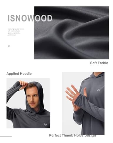 isnowood Sun Shirt UPF 50+ Men's Fishing Long Sleeve UV Protection Hoodie Hiking Rash Guard Swimming Running Light Blue Dark Grey - Image 4