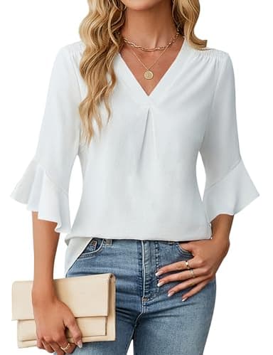 Blooming Jelly Womens 3/4 Length Sleeve Tops Summer Dressy Business Casual Blouses Work Shirts Chiffon V Neck Outfits 2025(White,Large) - Image 1