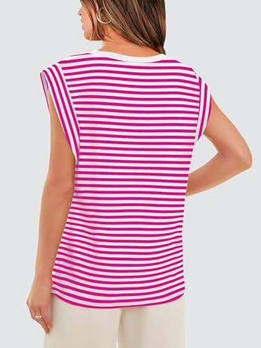 Cute Top for Women Summer Tops 2025 Casual Womens Tank Top Loose Fit Trendy 2025 Work Business Going Out Flowy T Shirts Cap Sleeve Sleeveless Basic Tee Tshirts Clothes Fuchsia Striped L - Image 5