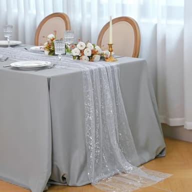 Snowkingdom 6 Pcs 10 FT Silver White Cheesecloth Table Runner Sheer Chiffon Gauze Runner, Sequin Glitter Silver Table Decoration Centerpieces for Wedding Birthday Christmas Bridal Baby Shower - Image 4