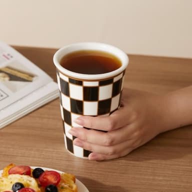 Porlien Checker Porcelain Cup Set of 4 (2 of 6-ounce Coffee Mugs and 2 of 13-ounce Cups) for Coffee Tea Cappucino, Handless Ceramic Mugs for Family - Image 4