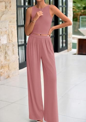 PRETTYGARDEN Spring Two Piece Sets For Women 2025 Ribbed Knit Crew Neck Sleeveless Tank Tops Wide Leg Pants Casual Lounge Set (Dusty Pink,Large) - Image 6