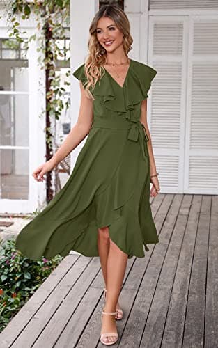 PRETTYGARDEN Women Summer Bohemian Slit Ruffle Beach Dresses Casual Wrap V Neck Tie Dress A-Line Swing Midi Sun Dress (Army Green,X-Large) - Image 7
