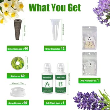 196Pcs Hydroponic Seed Pods Kit Supplies for Aerogarden Pods, Hydroponics Garden Accessories, Grow Anything Kit with 60 Grow Sponges 12 Grow Baskets 60 Domes 60 Pod Labels 400ml Plant Food Nutrients - Image 2