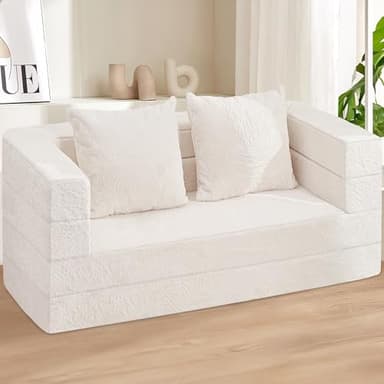 Cansunna Folding Bean Bag Chair for Adults,3-in-1 Bean Bag Couch Faux Fur Floor Sofa Large Beanbag Convertible Bean Bag Sofa Bed with Pillow in Bedroom,Living Room,Apartment(Queen,Milky White) - Image 2