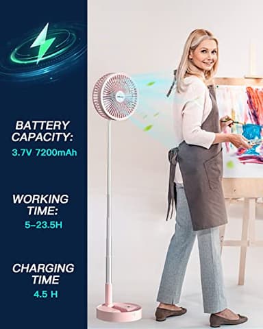 AICase Stand Fan,Folding Portable Telescopic Floor/USB Desk Fan with 7200mAh Rechargeable Battery,4 Speeds Super Quiet Adjustable Height and Head Great for Office Home Outdoor Camping-pink - Image 3