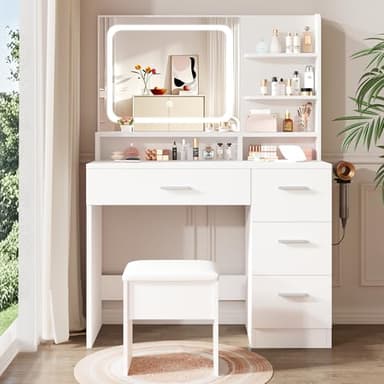 LIVELYGLOW Makeup Vanity Desk Set, 35.4“Wx15.7”Dx53.9“H, White (Smart LED Mirror, with Cushion Stool, Hairdryer Rack, Power-Outlet, 4 Drawers, Open Shelves) - Image 9