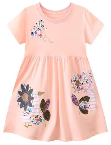 FreeLu Girls Cute Cartoon Appliques Dress Cotton Short Sleeve Summer Dresses Jersey Playwear(7T,Butterfly Sunflower Pink) - Image 1