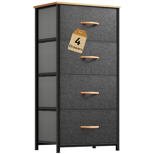 DWVO 4 Drawers Dresser, Small Dresser for Bedroom, Fabric Storage Tower, Chest of Drawers, Organizer Unit for Closets, Living Room, Sturdy Steel Frame, Wooden Top, Easy Pull Handle - Image 1