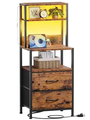 Furnulem Night Stand, Tall Nightstand with 4-Tier Shelves, 2 Fabric Drawers and Light Tube, Bed Side Tables with Charging Station, Bedside Table for Bedroom, Office, Rustic Brown - Image 8