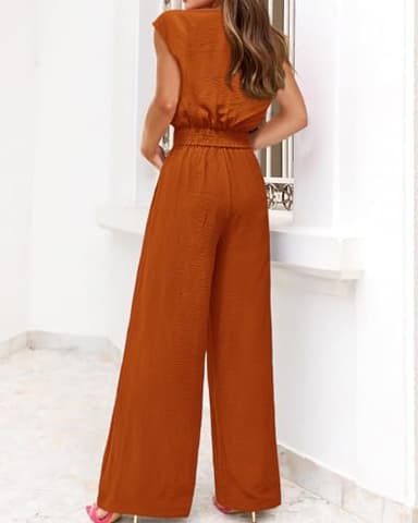 PRETTYGARDEN Women 2 Piece Sets 2025 Sexy Sleeveless V Neck Tie Waist Crop Tops Palazzo Pants Set Casual Lounge Wear(Solid Brown Orange,Small) - Image 5