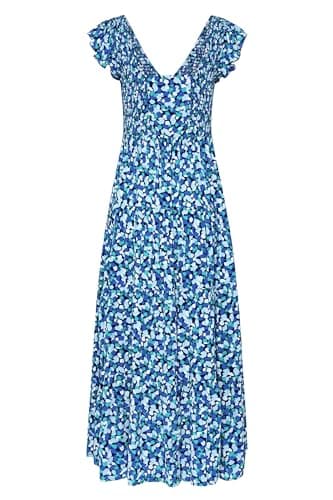 PRETTYGARDEN Women's Summer Flowy Maxi Dress Casual Cap Sleeve V Neck Smocked Beach Sundress (Print Blue,X-Large) - Image 5