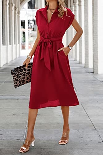 ECOWISH Womens 2025 Spring Summer Casual Short Sleeve Midi Dresses V Neck Button Down Belted Shirt Dress with Pockets Red L - Image 8
