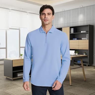 VANCAMEL Quarter Zip Golf Polo Shirts for Men Long Sleeve Collared Shirts Lightweight Moisture Wicking Performance Polo Shirts Sky Blue - Image 2