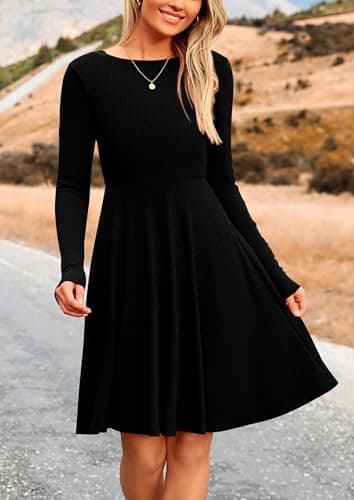 PRETTYGARDEN Women's Fall Short Dress Ribbed Knit Crewneck Long Sleeve A Line Flowy Casual Elegant Going Out Winter Dresses (Black,Medium) - Image 5