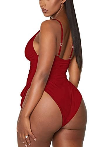 Viottiset Women's Ruched Drawstring One Piece Swimsuit High Cut Bathing Suit Red Large - Image 2
