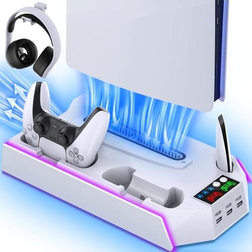 PS5/PS5-Slim-Cooling-Station-with-Controller-Charging-Station for Playstation 5 Console Disc/Digital, LED Light Cooling Stand with Cooler Fan for PS5 Accessories with 3 USB Hubs/Headset Holder - Image 1