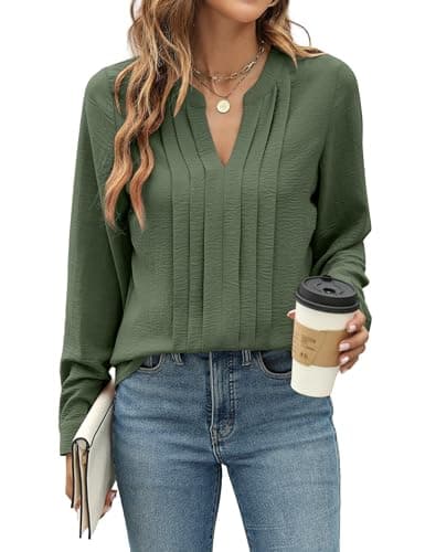 Blooming Jelly Women's Dressy Casual Blouses Business Work Tops Trendy Long Sleeve V Neck Flowy Pleated Shirts 2025 Fall Outfits (Army Green,Medium) - Image 1