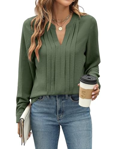 Blooming Jelly Women's Dressy Casual Blouses Business Work Tops Trendy Long Sleeve V Neck Flowy Pleated Shirts 2025 Fall Outfits (Army Green,Medium) - Image 1